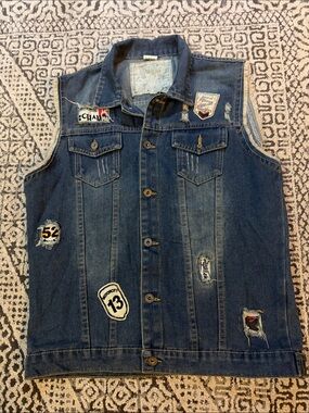 Custom Denim Patchwork Vest with Graphic Patches